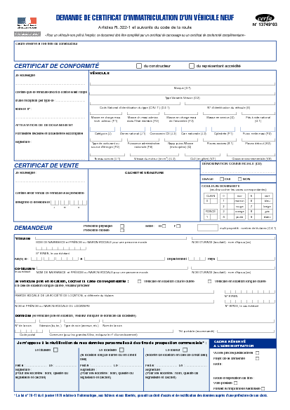 Demande de certificat d'immatriculation