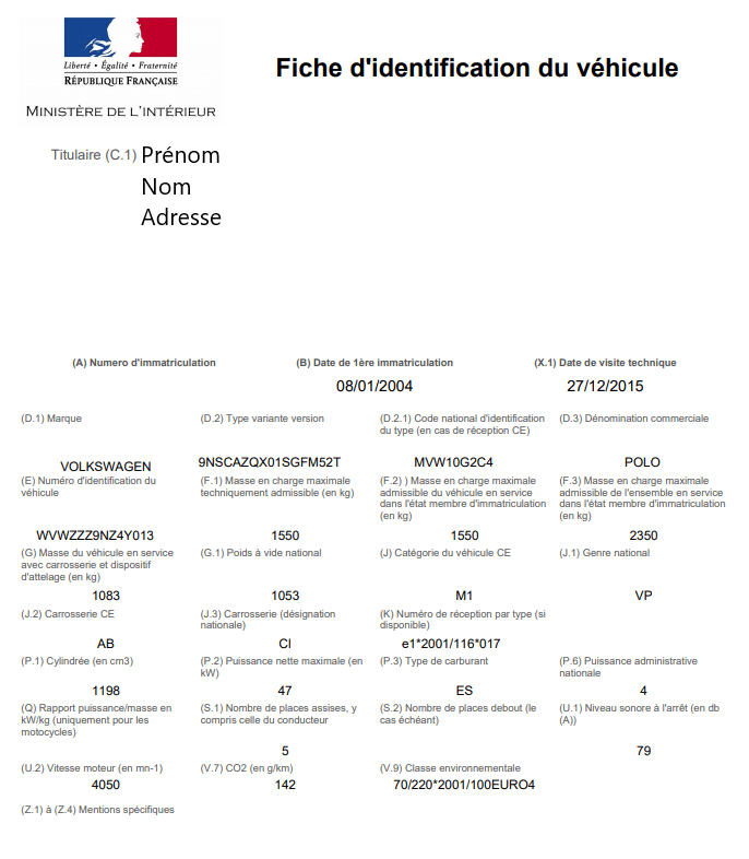 fiche d'identification du véhicule