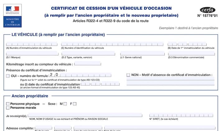 Déclaration de cession partie véhicule