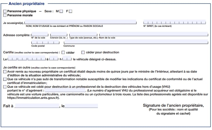 Certificat de cession partie ancien propriétaire