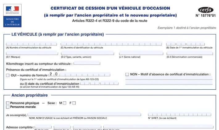 certificat de cession partie information du véhicule